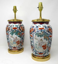 Antique Pair Japanese Chinese Imari Porcelain Ormolu Table Lamps Blue Red Gilt