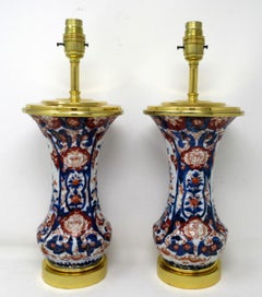 Antique Pair Japanese Chinese Imari Porcelain Ormolu Table Lamps Blue Red Gilt