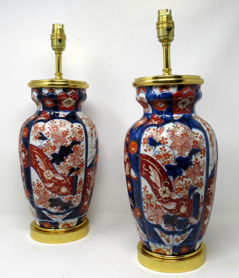 Antique Pair Japanese Chinese Imari Porcelain Ormolu Table Lamps Blue ...