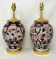 Antique Pair Japanese Chinese Imari Porcelain Ormolu Table Lamps Blue Red Gilt