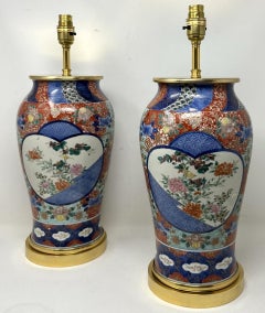 Antique Pair Japanese Chinese Imari Porcelain Ormolu Table Lamps Blue Red Gilt