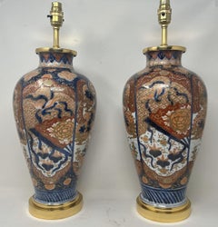 Antique Pair Japanese Chinese Imari Porcelain Ormolu Table Lamps Blue Red Gilt