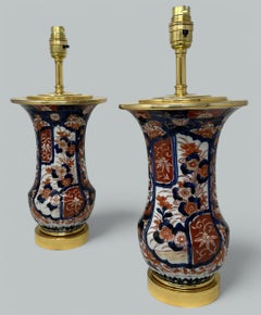 Antique Pair Japanese Chinese Imari Porcelain Ormolu Table Lamps Blue Red Gilt