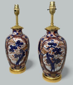 Antique Pair Japanese Chinese Imari Porcelain Ormolu Table Lamps Blue Red Gilt