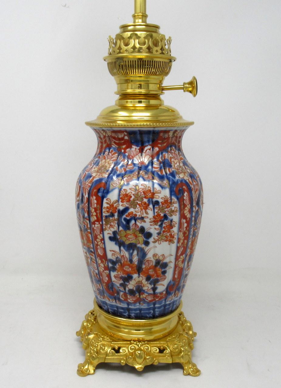 Early Victorian Antique Pair Japanese Chinese Imari Porcelain Ormolu Table Lamps Blue Red Gilt