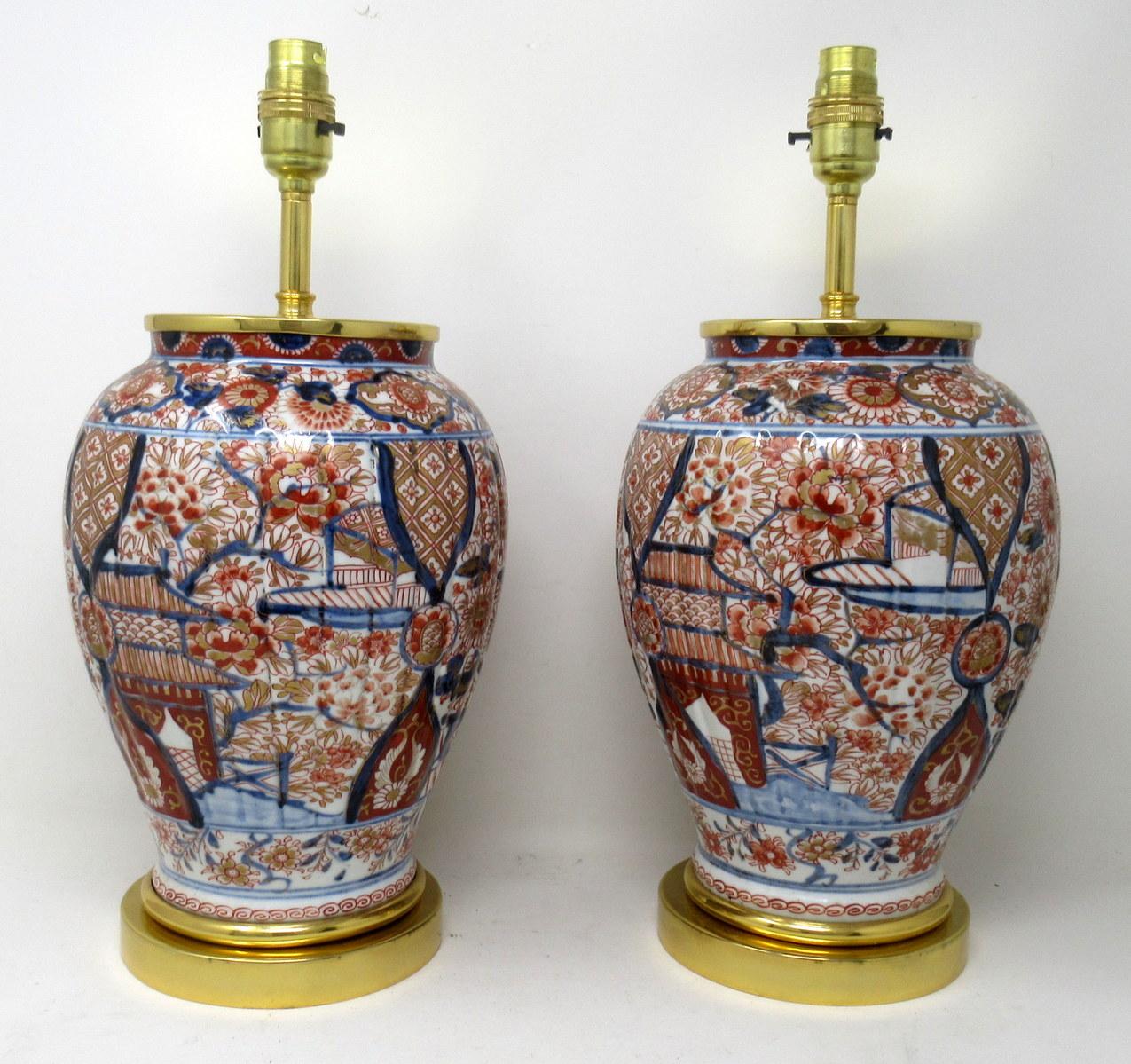 Early Victorian Antique Pair Japanese Chinese Imari Porcelain Ormolu Table Lamps Blue Red Gilt