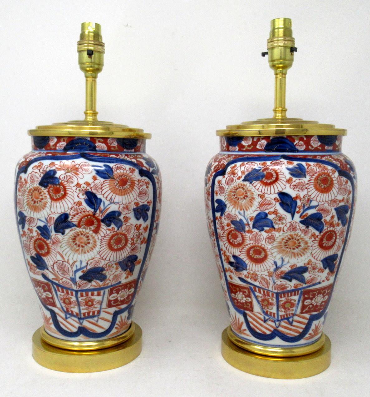 Late Victorian Antique Pair Japanese Chinese Imari Porcelain Ormolu Table Lamps Blue Red Gilt