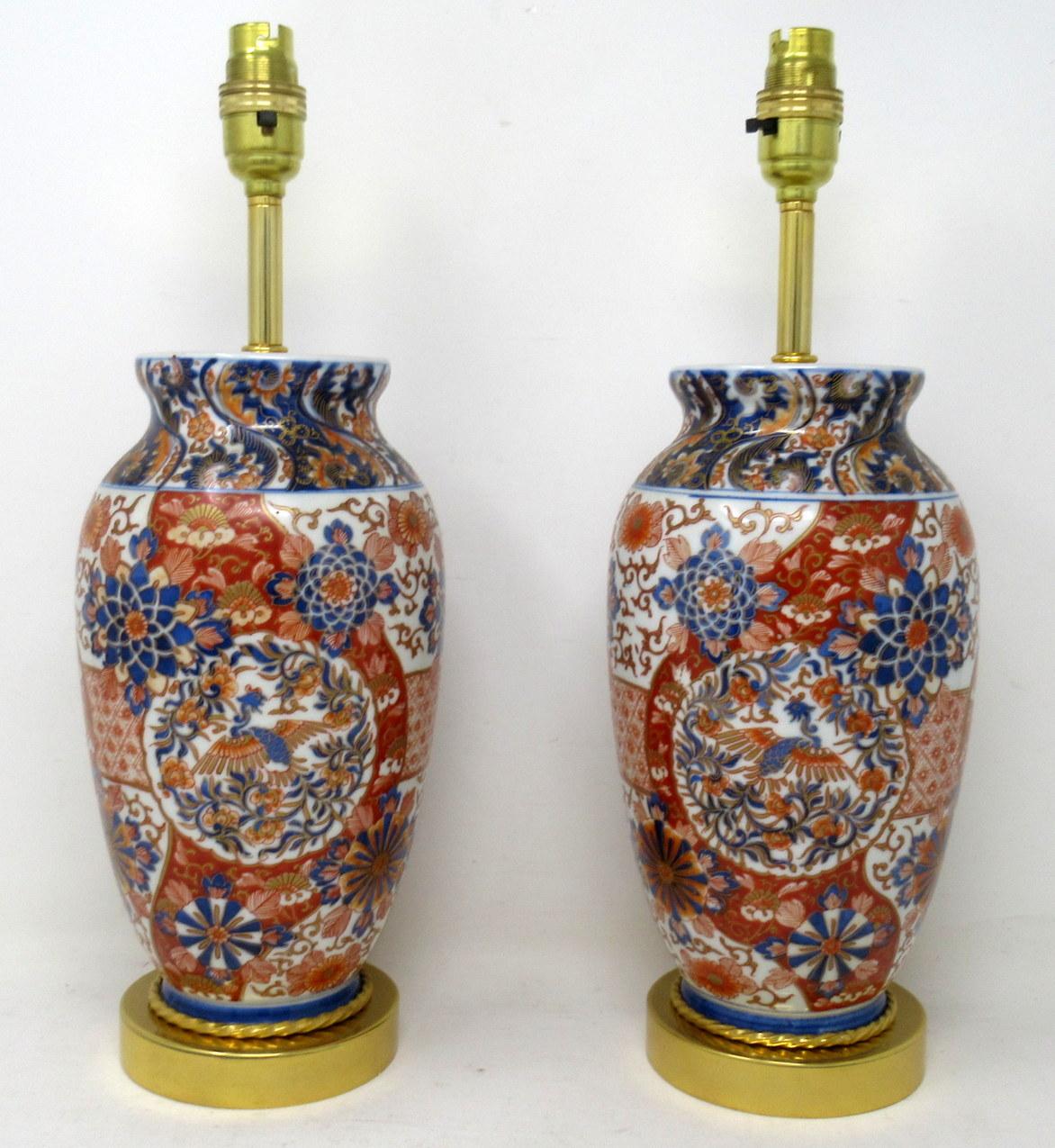 Late Victorian Antique Pair Japanese Chinese Imari Porcelain Ormolu Table Lamps Blue Red Gilt