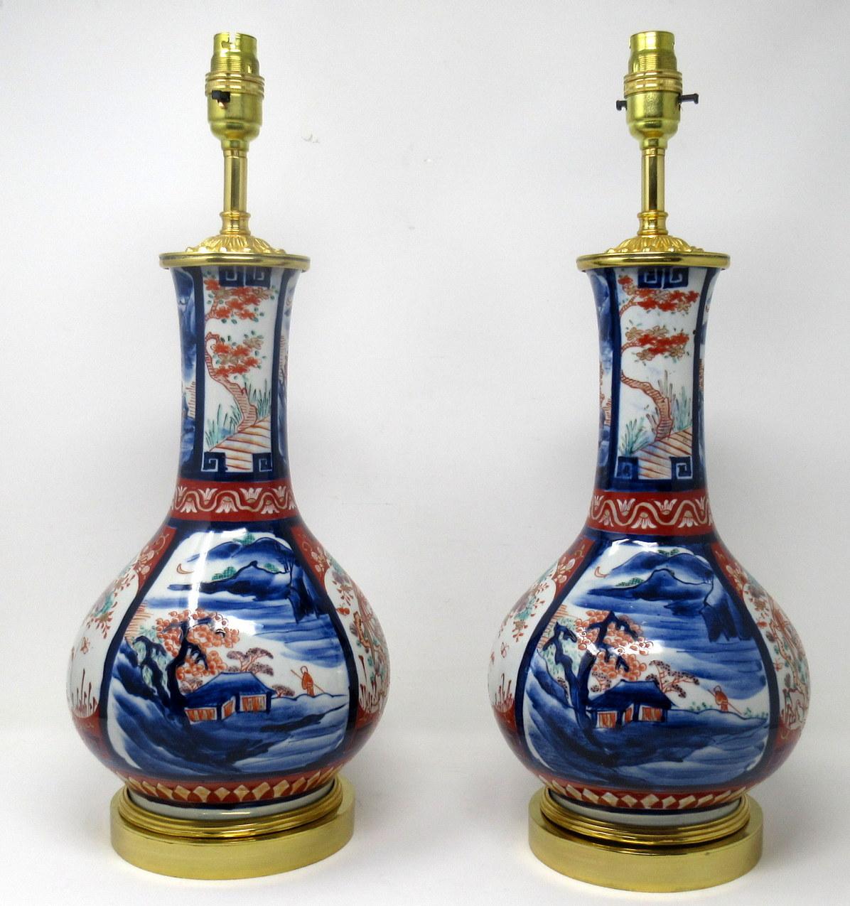 Late Victorian Antique Pair Japanese Chinese Imari Porcelain Ormolu Table Lamps Blue Red Gilt