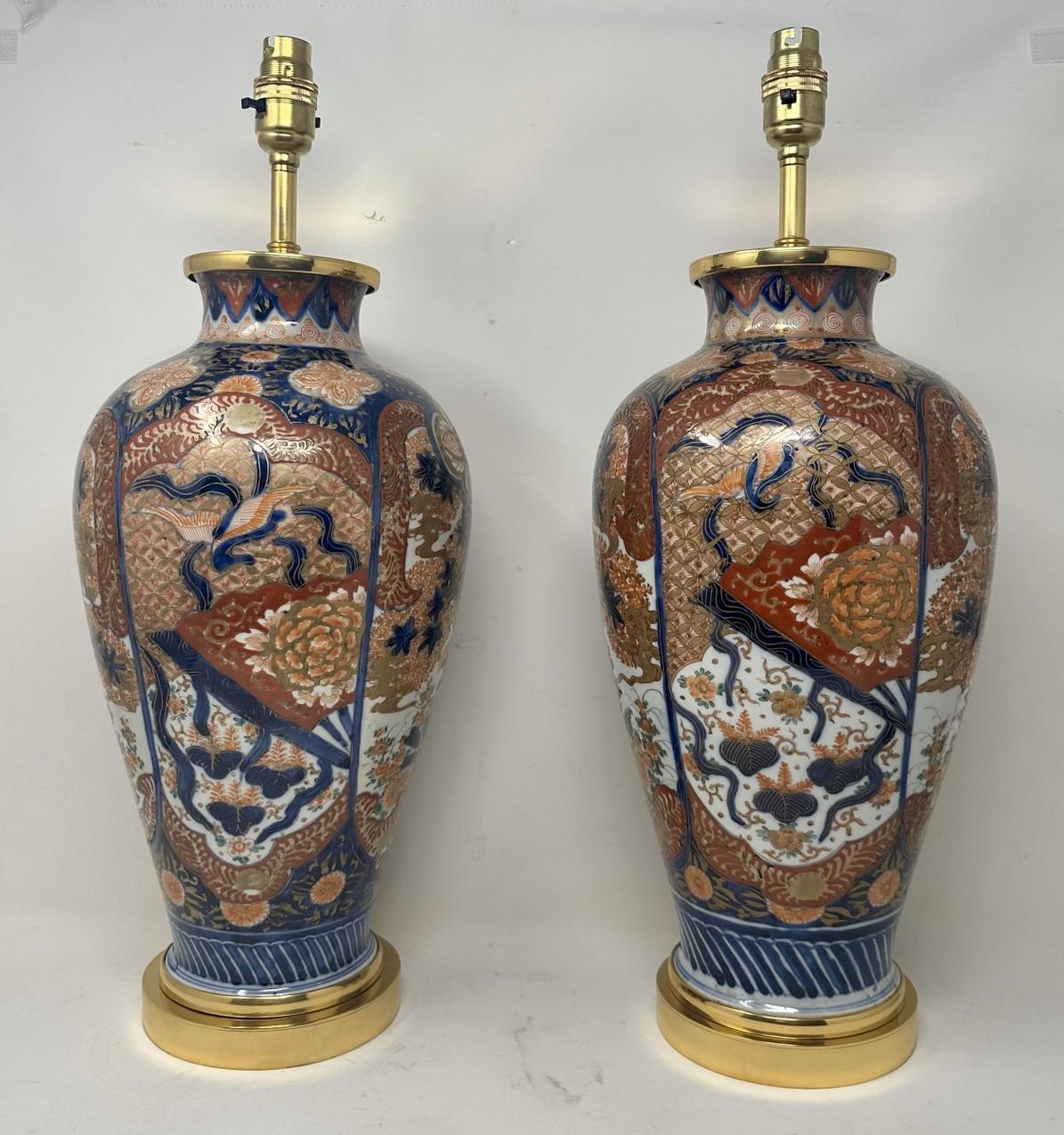 Late Victorian Antique Pair Japanese Chinese Imari Porcelain Ormolu Table Lamps Blue Red Gilt For Sale