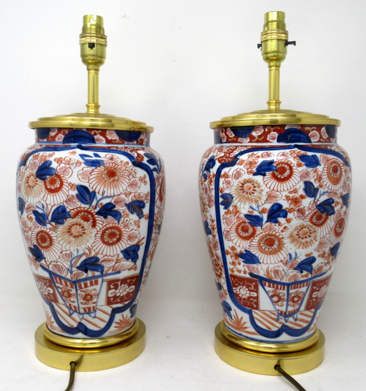 19th Century Antique Pair Japanese Chinese Imari Porcelain Ormolu Table Lamps Blue Red Gilt