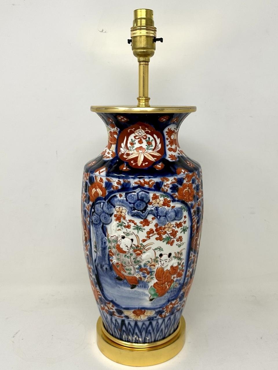 Late Victorian Antique Pair Japanese Chinese Imari Porcelain Ormolu Table Lamps Blue Red Gilt For Sale