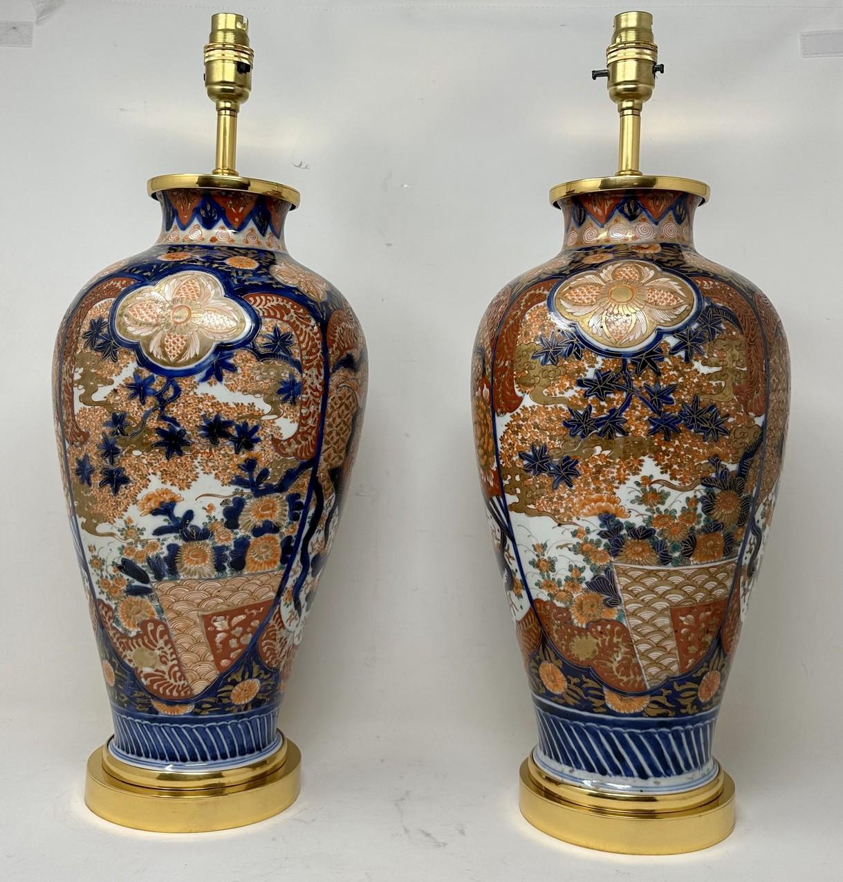 19th Century Antique Pair Japanese Chinese Imari Porcelain Ormolu Table Lamps Blue Red Gilt For Sale