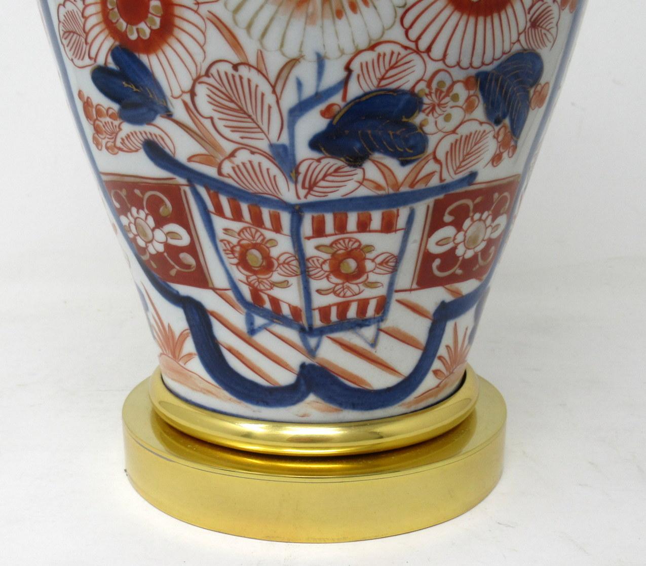 Antique Pair Japanese Chinese Imari Porcelain Ormolu Table Lamps Blue Red Gilt 1
