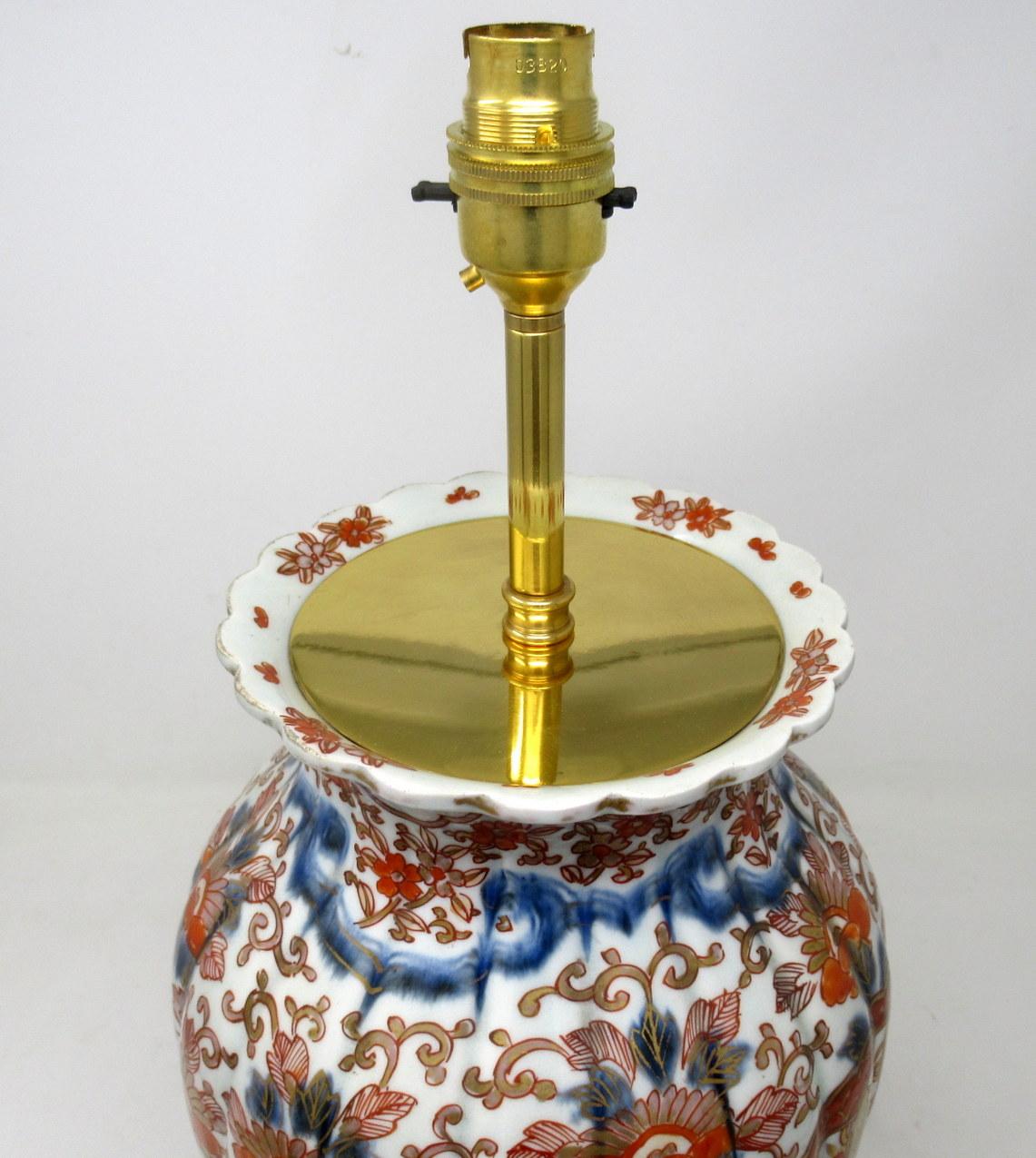 Antique Pair Japanese Chinese Imari Porcelain Ormolu Table Lamps Blue Red Gilt 2