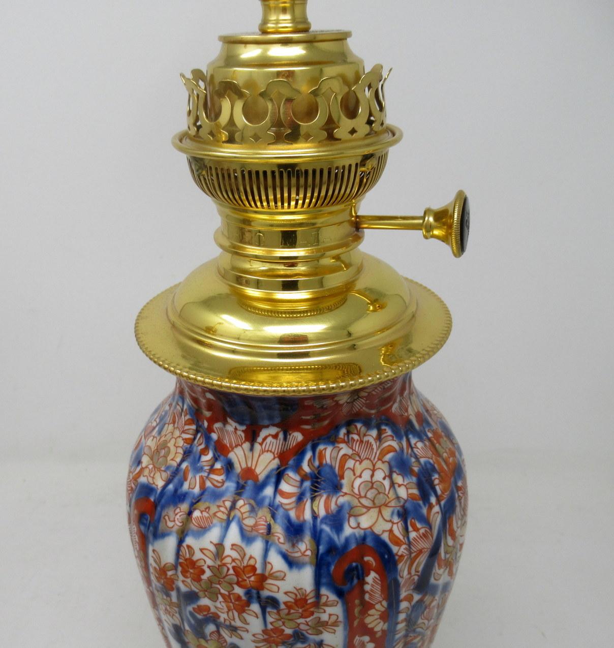 Antique Pair Japanese Chinese Imari Porcelain Ormolu Table Lamps Blue Red Gilt 2