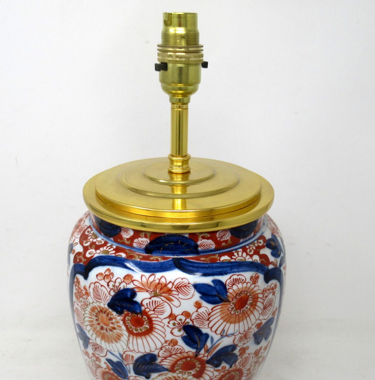 Antique Pair Japanese Chinese Imari Porcelain Ormolu Table Lamps Blue Red Gilt 2