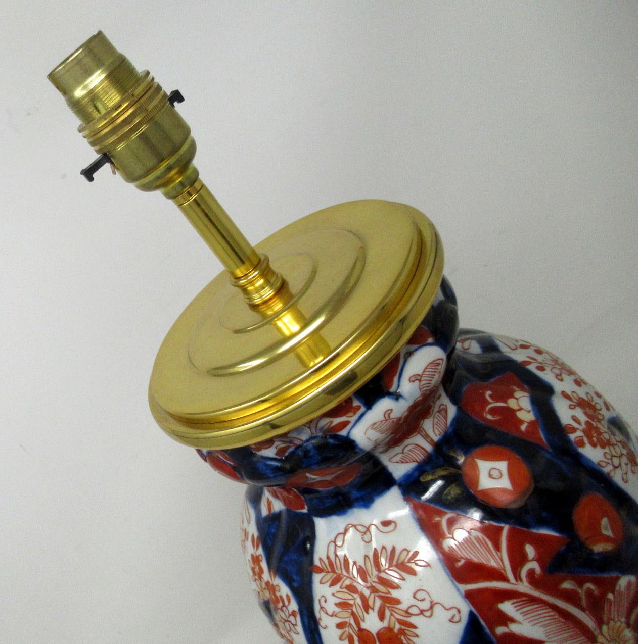 Antique Pair Japanese Chinese Imari Porcelain Ormolu Table Lamps Blue Red Gilt 2