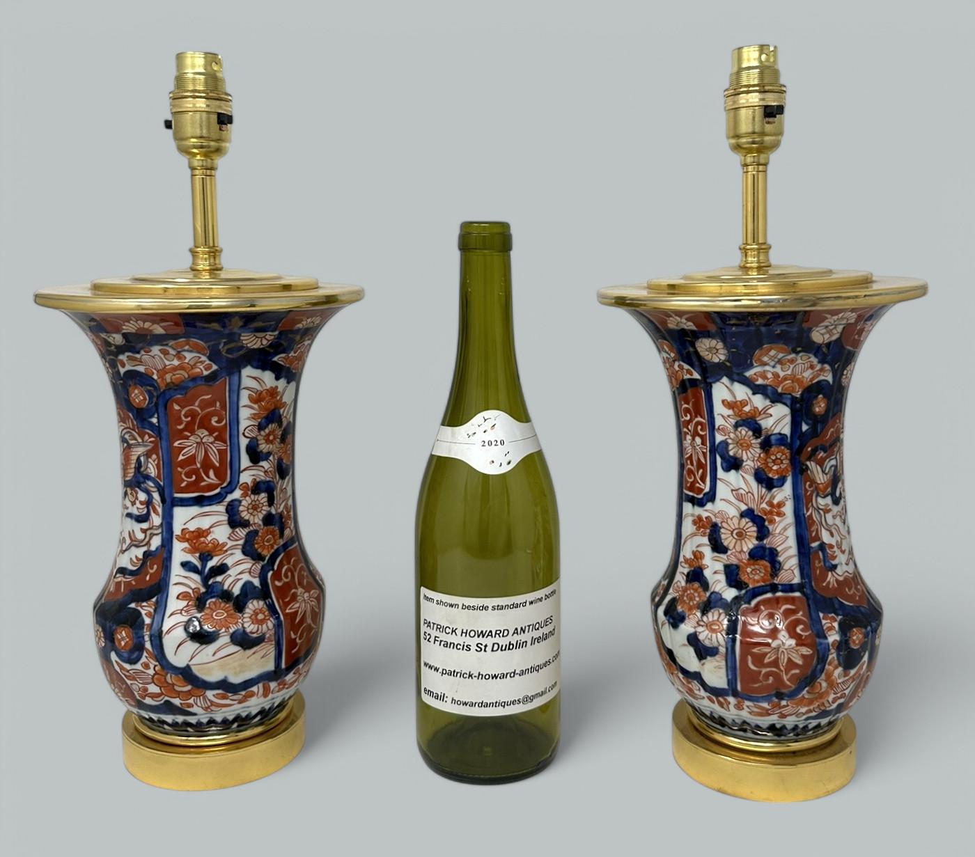 Antique Pair Japanese Chinese Imari Porcelain Ormolu Table Lamps Blue Red Gilt For Sale 2