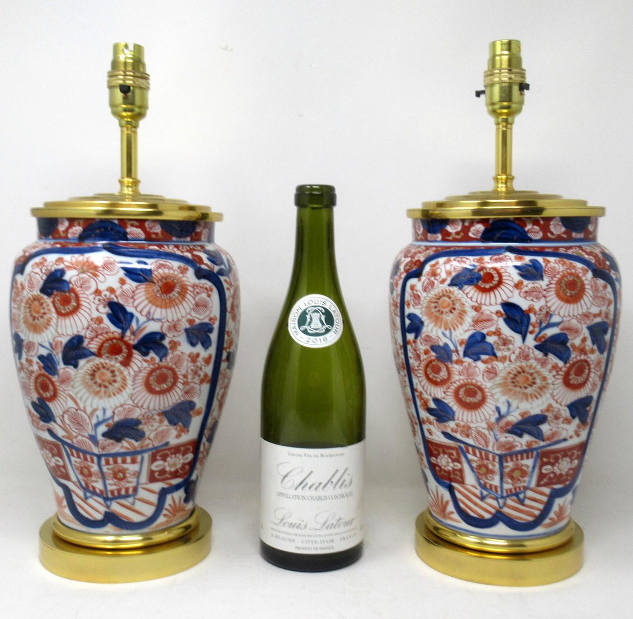 Antique Pair Japanese Chinese Imari Porcelain Ormolu Table Lamps Blue Red Gilt 3