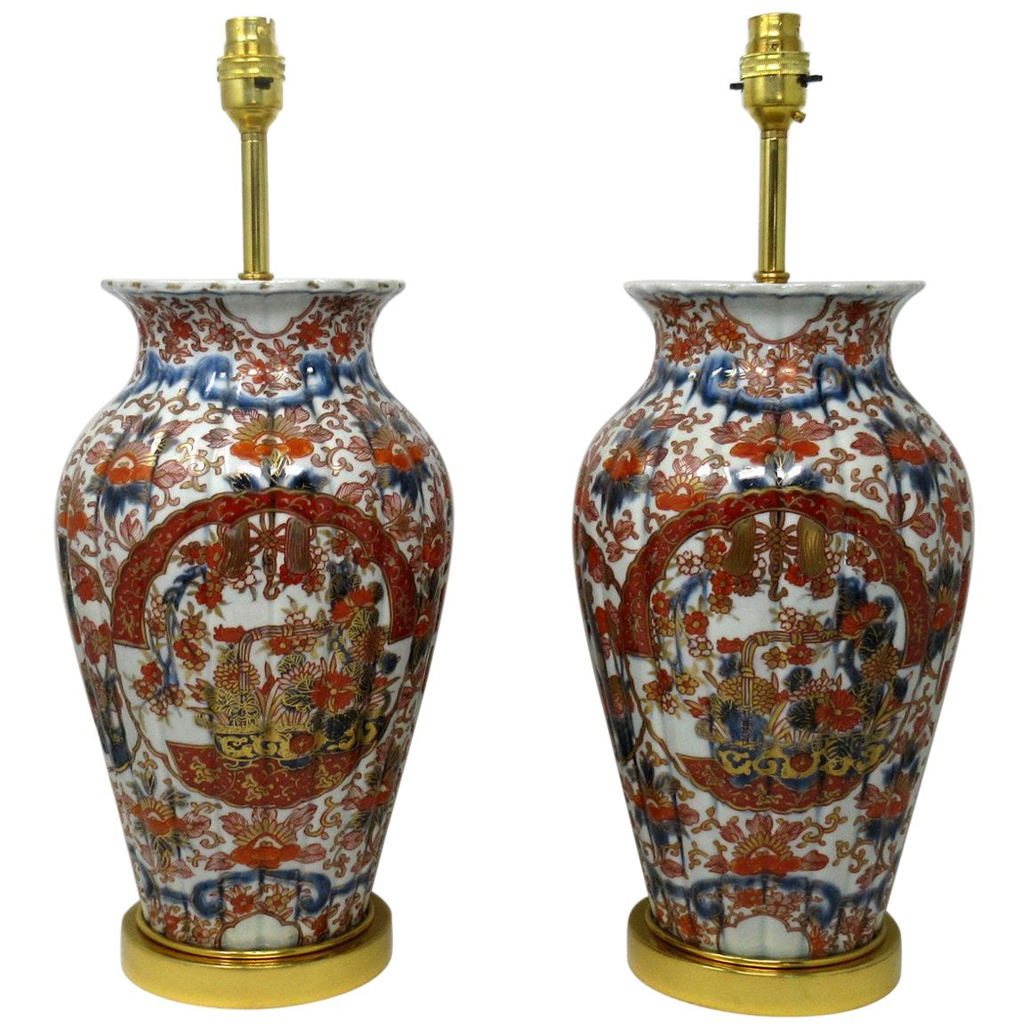 Antique Pair Japanese Chinese Imari Porcelain Ormolu Table Lamps Blue Red Gilt