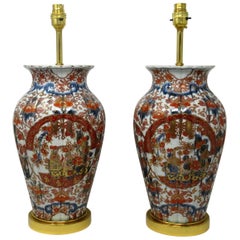 Antique Pair Japanese Chinese Imari Porcelain Ormolu Table Lamps Blue Red Gilt