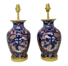 Antique Pair Japanese Chinese Imari Porcelain Ormolu Table Lamps Blue Red Gilt