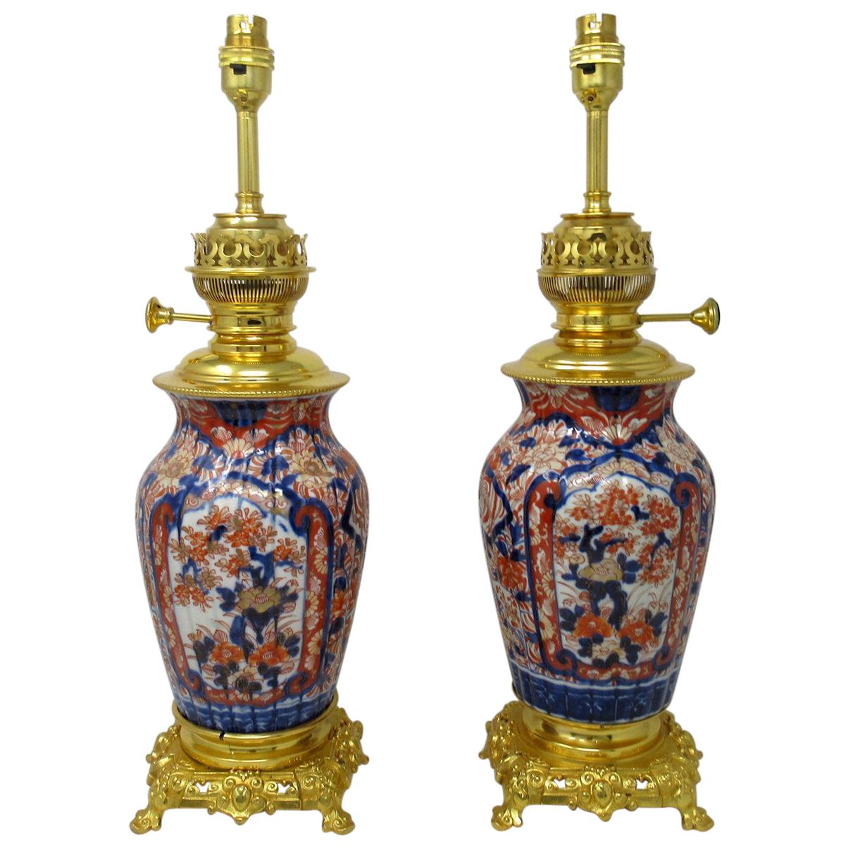 Antique Pair Japanese Chinese Imari Porcelain Ormolu Table Lamps Blue Red Gilt