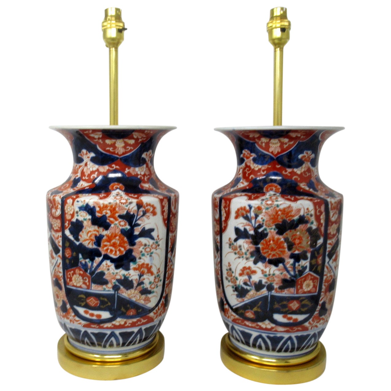 Antique Pair Japanese Chinese Imari Porcelain Ormolu Table Lamps Blue Red Gilt