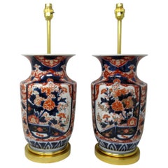 Antique Pair Japanese Chinese Imari Porcelain Ormolu Table Lamps Blue Red Gilt