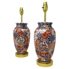 Antique Pair Japanese Chinese Imari Porcelain Ormolu Table Lamps Blue Red Gilt
