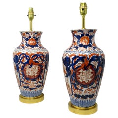 Antique Pair Japanese Chinese Imari Porcelain Ormolu Table Lamps Blue Red Gilt