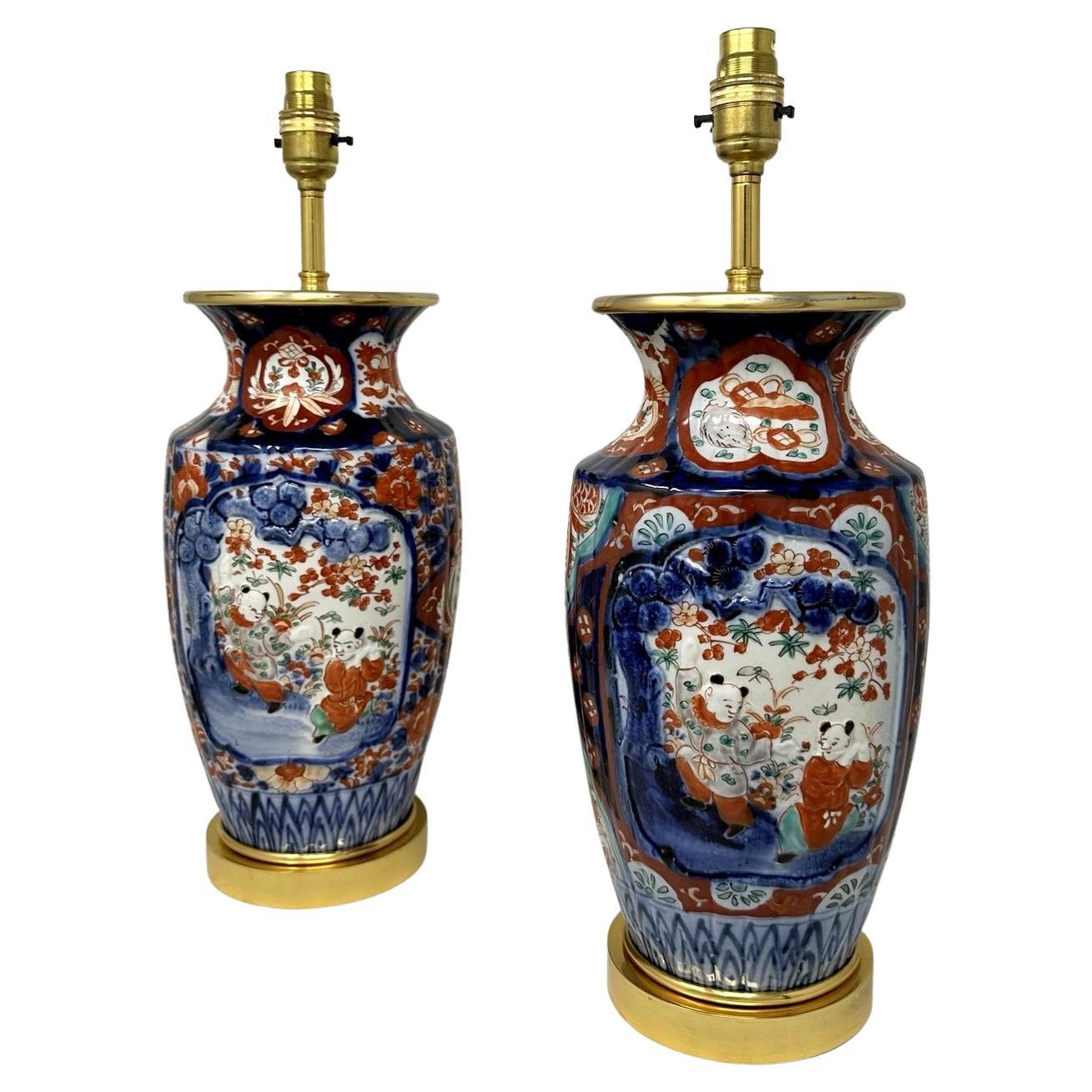 Antique Pair Japanese Chinese Imari Porcelain Ormolu Table Lamps Blue Red Gilt For Sale