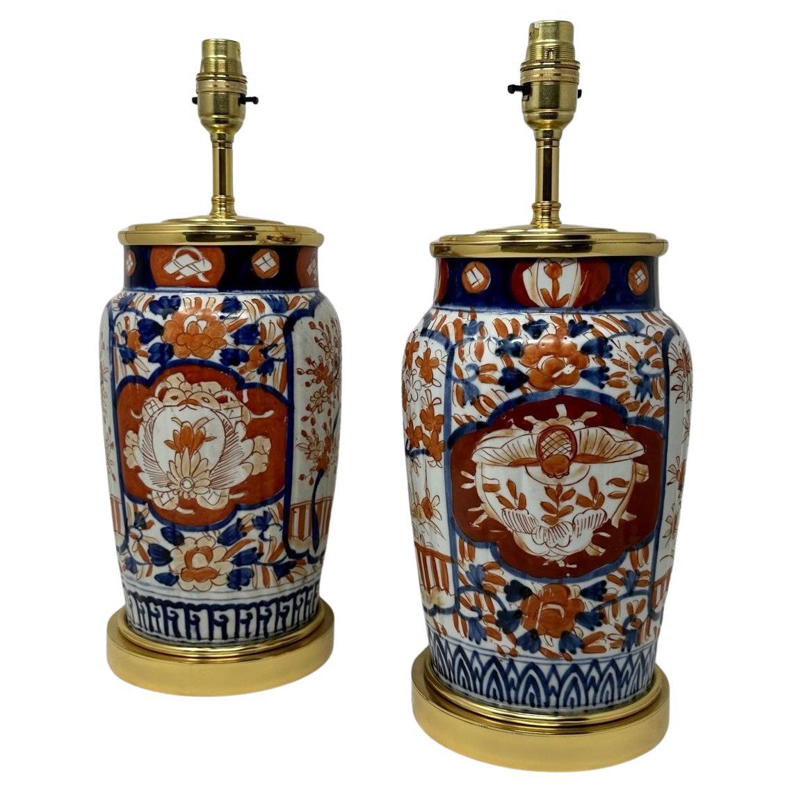 Antique Pair Japanese Chinese Imari Porcelain Ormolu Table Lamps Blue Red Gilt For Sale