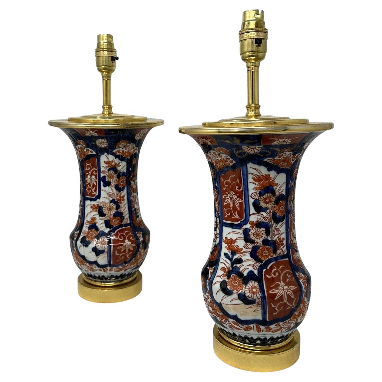 Antique Pair Japanese Chinese Imari Porcelain Ormolu Table Lamps Blue Red Gilt