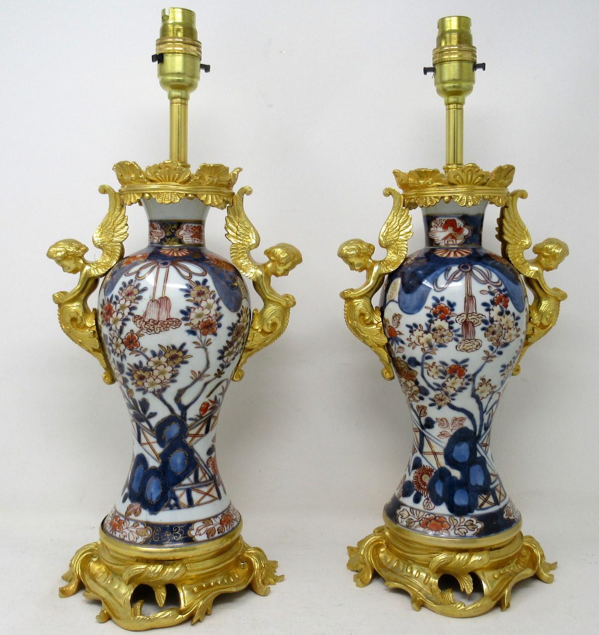 19th Century Antique Pair Japanese Chinese Imari Porcelain Ormolu Table Lamps Cherubs Gilt