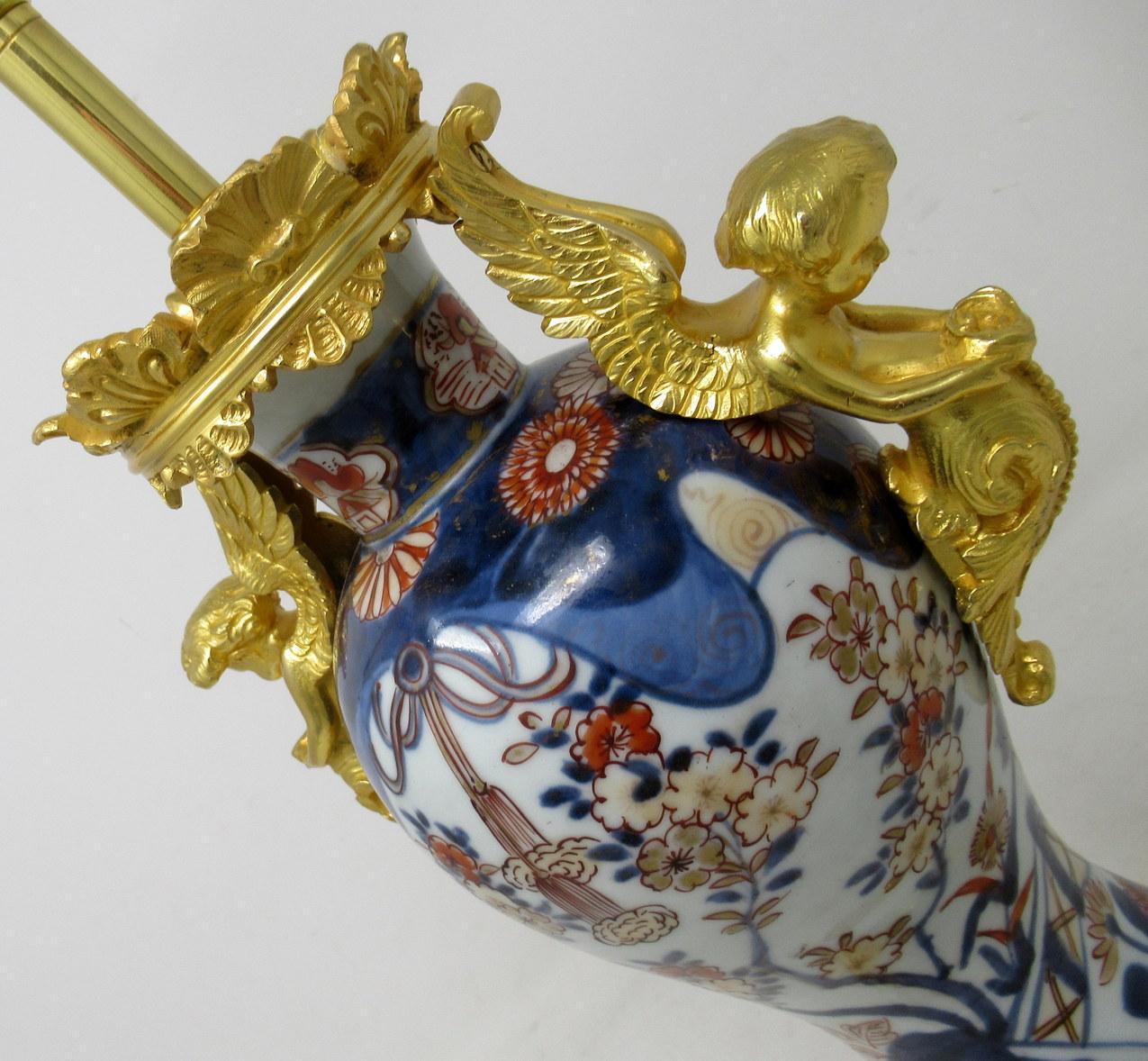 Antique Pair Japanese Chinese Imari Porcelain Ormolu Table Lamps Cherubs Gilt 2