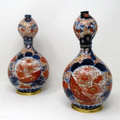 Antique Pair Japanese Chinese Imari Porcelain Ormolu Urns Vases Blue Red Gilt