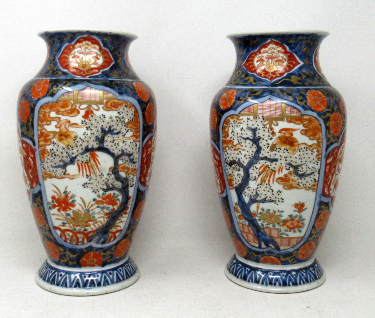 Late Victorian Antique Pair Japanese Chinese Imari Porcelain Ormolu Urns Vases Blue Red Gilt 