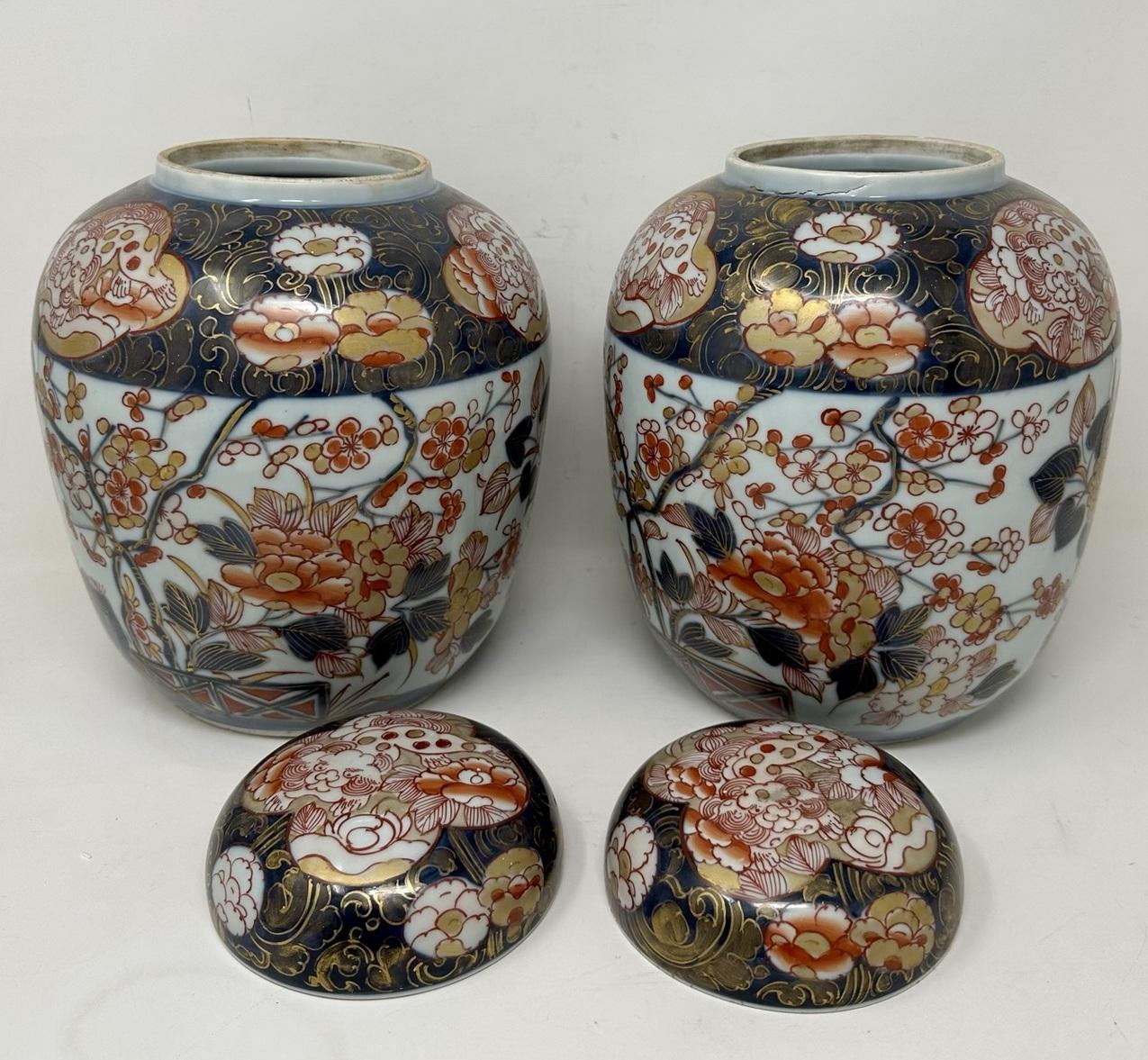 19th Century Antique Pair Japanese Imari Arita Hand Painted Ginger Jars Vase Urns Meiji Perod