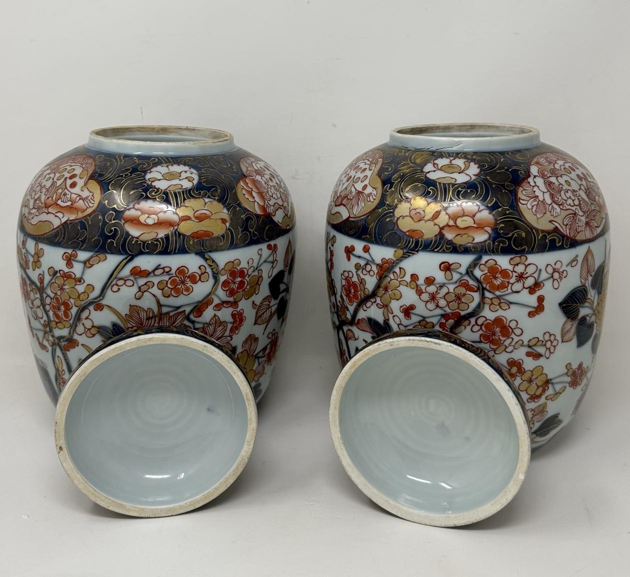 19th Century Antique Pair Japanese Imari Arita Hand Painted Ginger Jars Vase Urns Meiji Perod