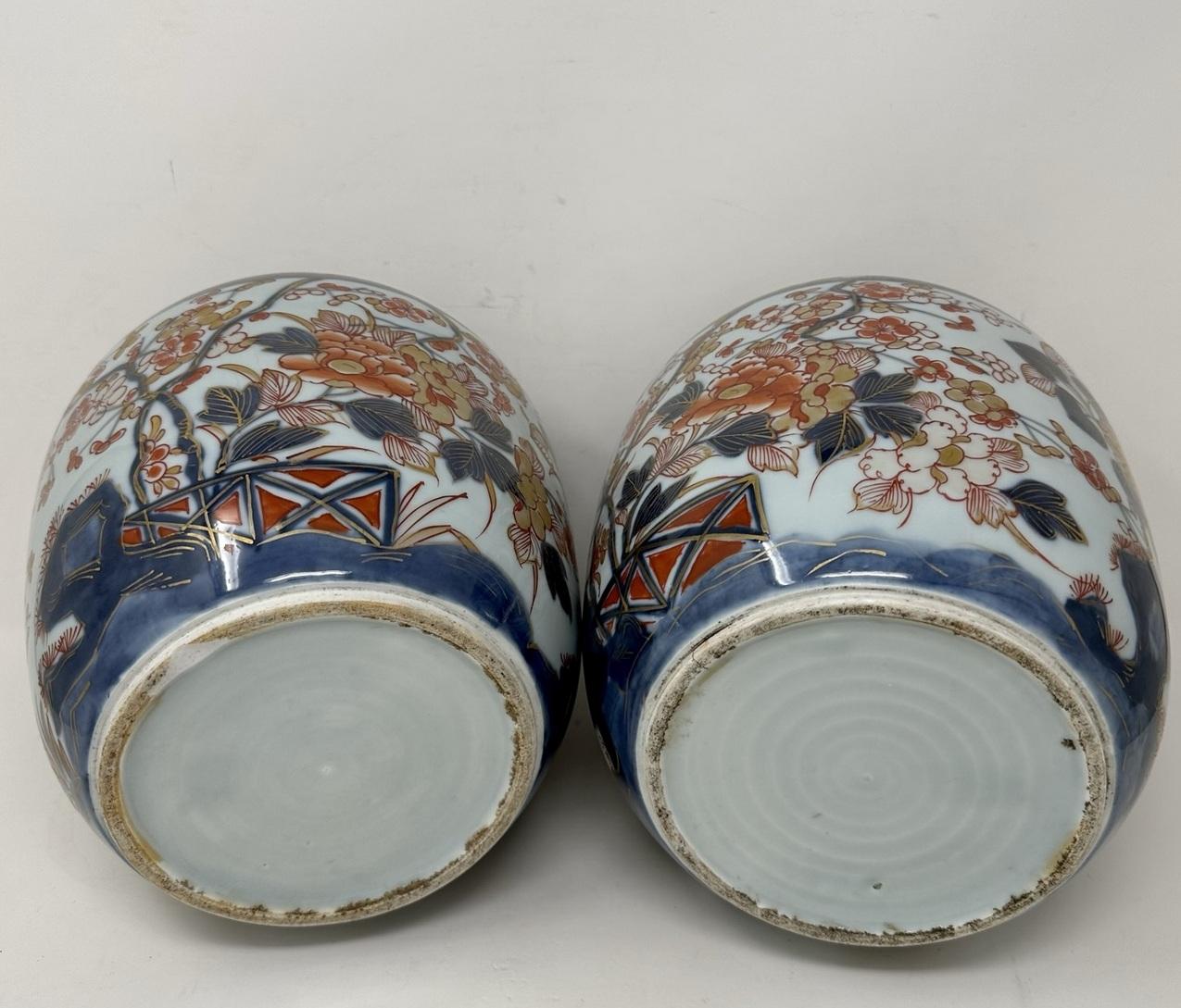 Ceramic Antique Pair Japanese Imari Arita Hand Painted Ginger Jars Vase Urns Meiji Perod