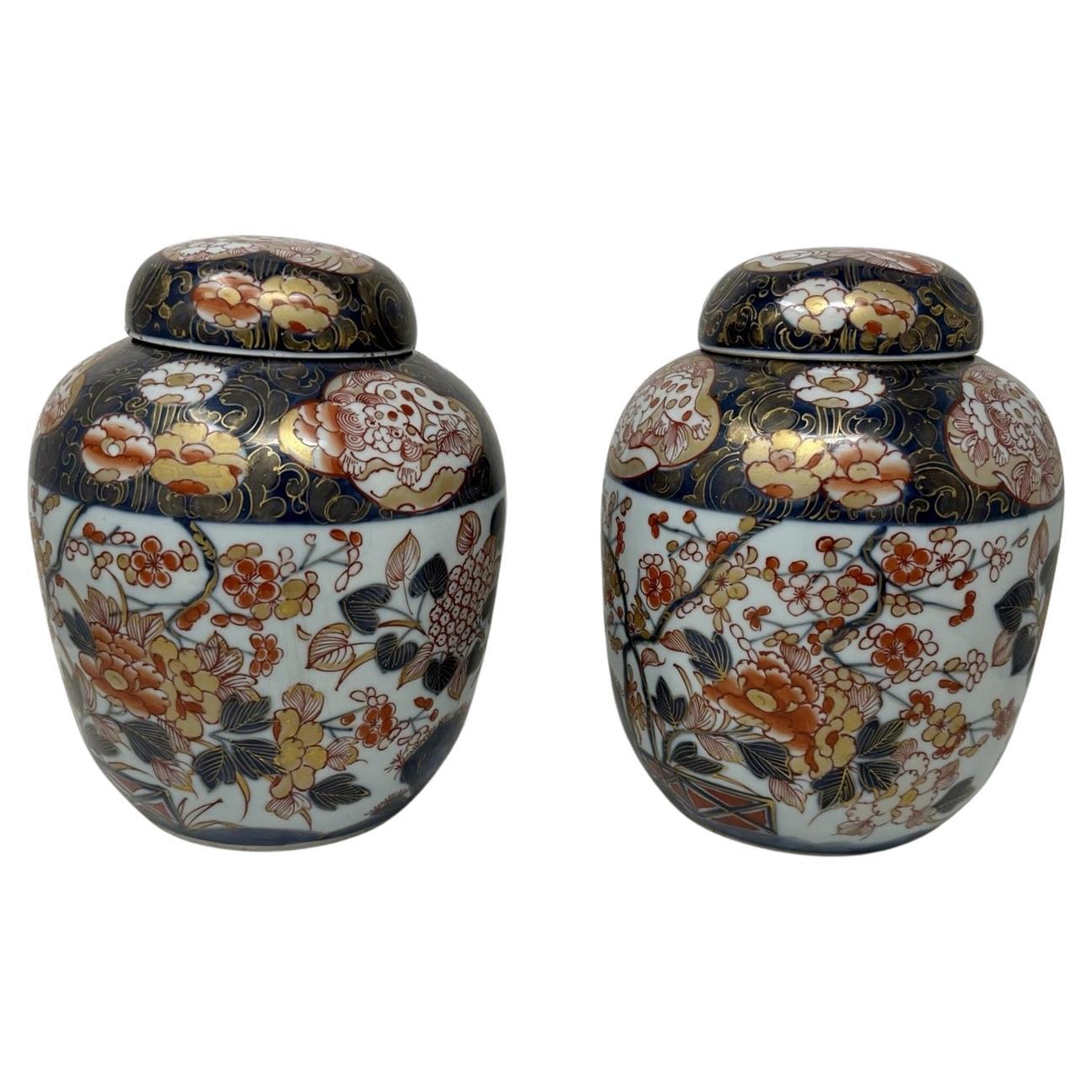 Antique Pair Japanese Imari Arita Hand Painted Ginger Jars Vase Urns Meiji Perod