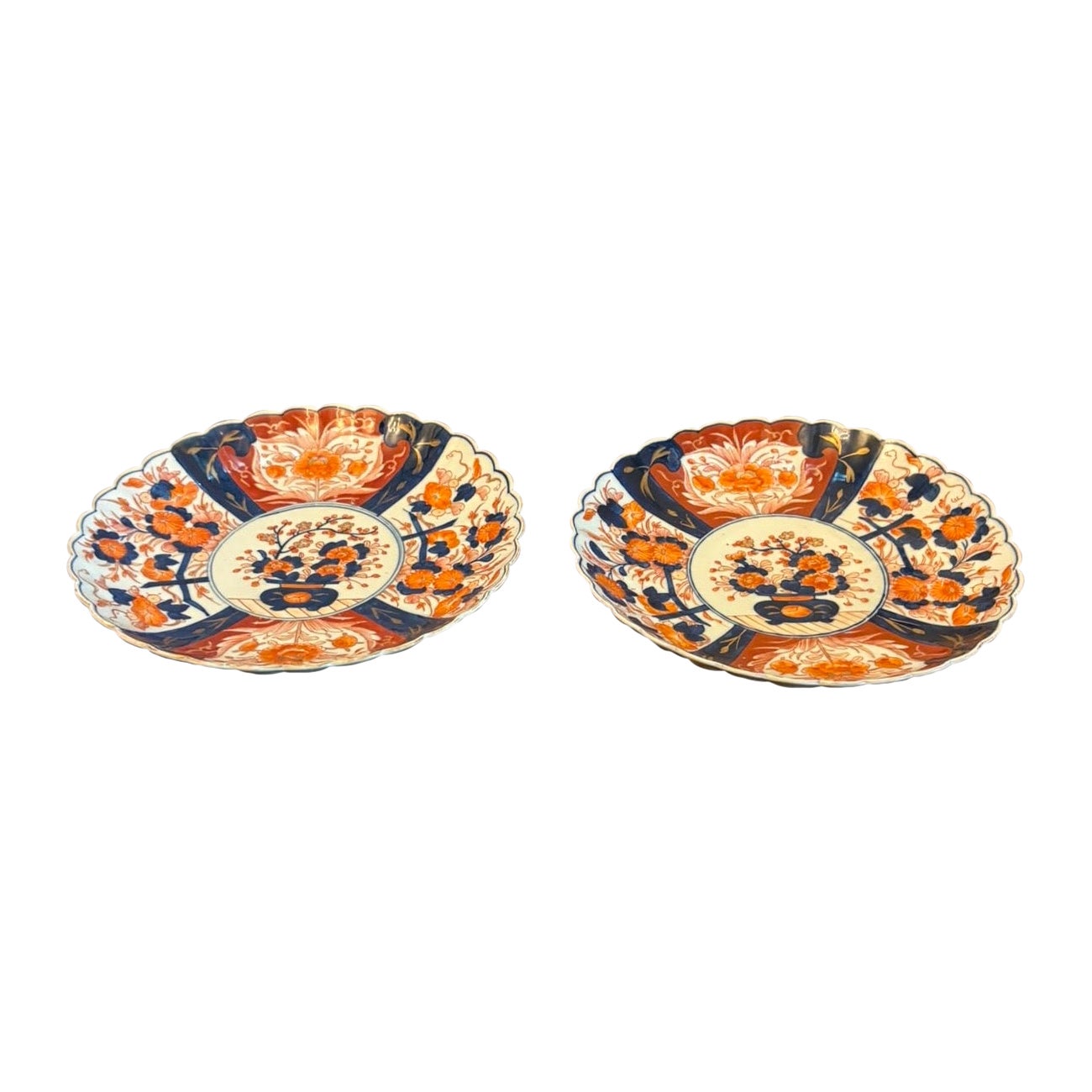 Antique Pair Japanese Imari Plates Bowls Scalloped Edge Decorative Dishes