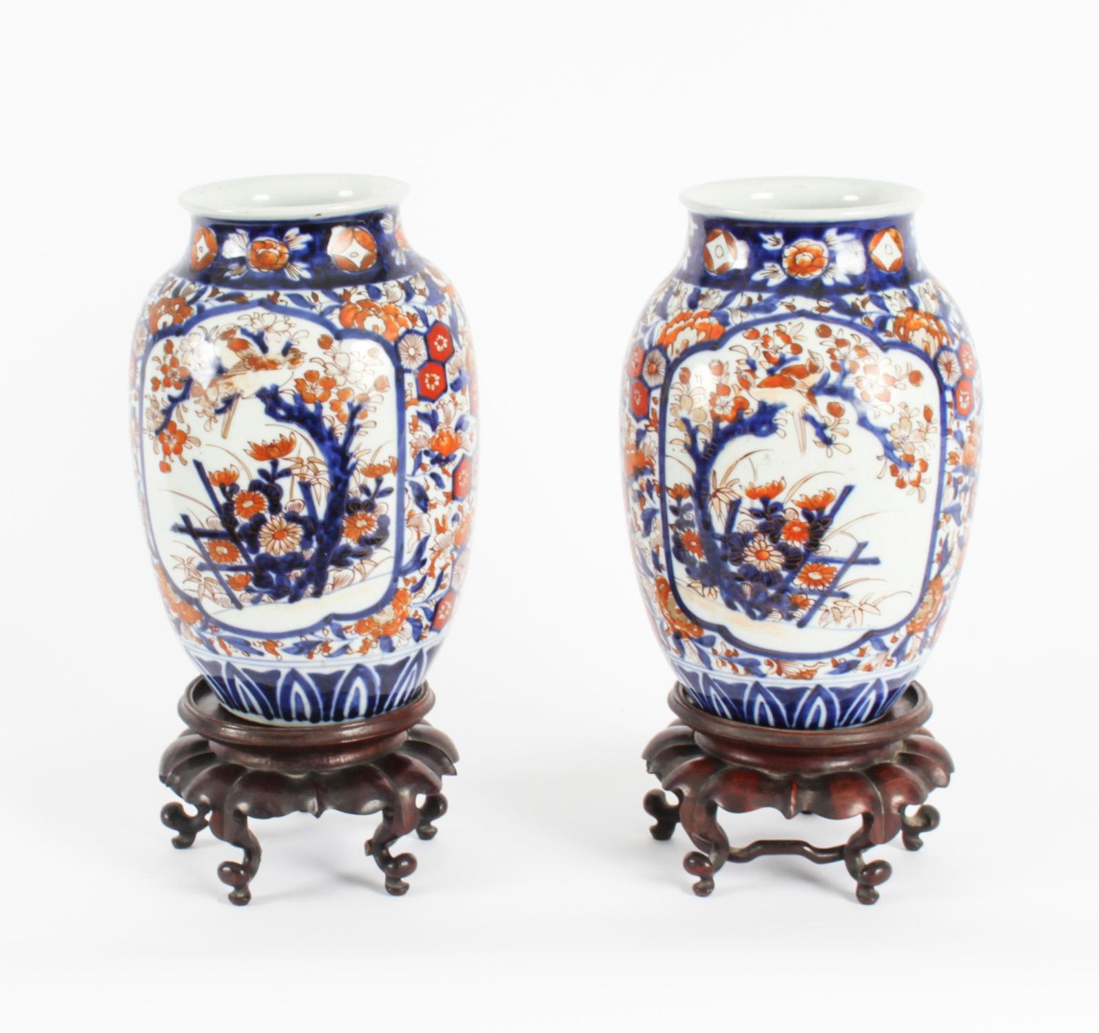 Antique Pair Japanese Imari Porcelain Vases on Stands 19th C 10