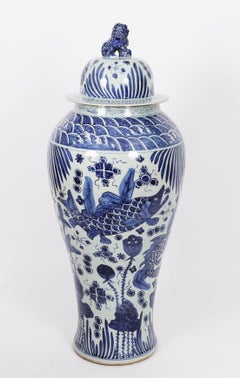 Antique Pair Japanese Kangxi Blue & White Arita Porcelain Temple Lidded Vases