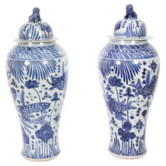 Antique Pair Japanese Kangxi Blue & White Arita Porcelain Temple Lidded Vases