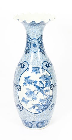 Antique Pair of Japanese Meiiji Imari Blue & White Arita Porcelain Temple Vases