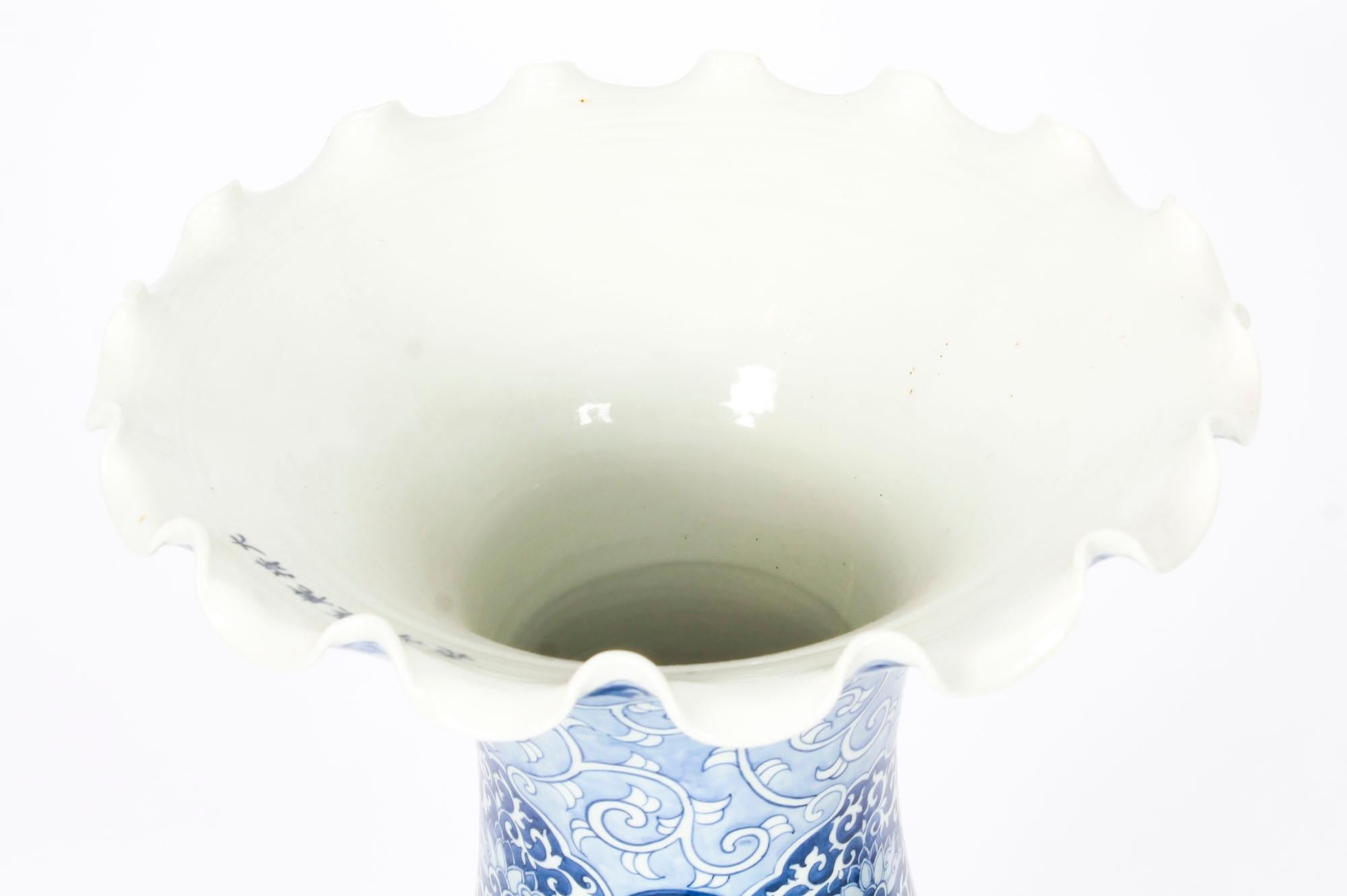 Hand-Painted Antique Pair of Japanese Meiiji Imari Blue & White Arita Porcelain Temple Vases