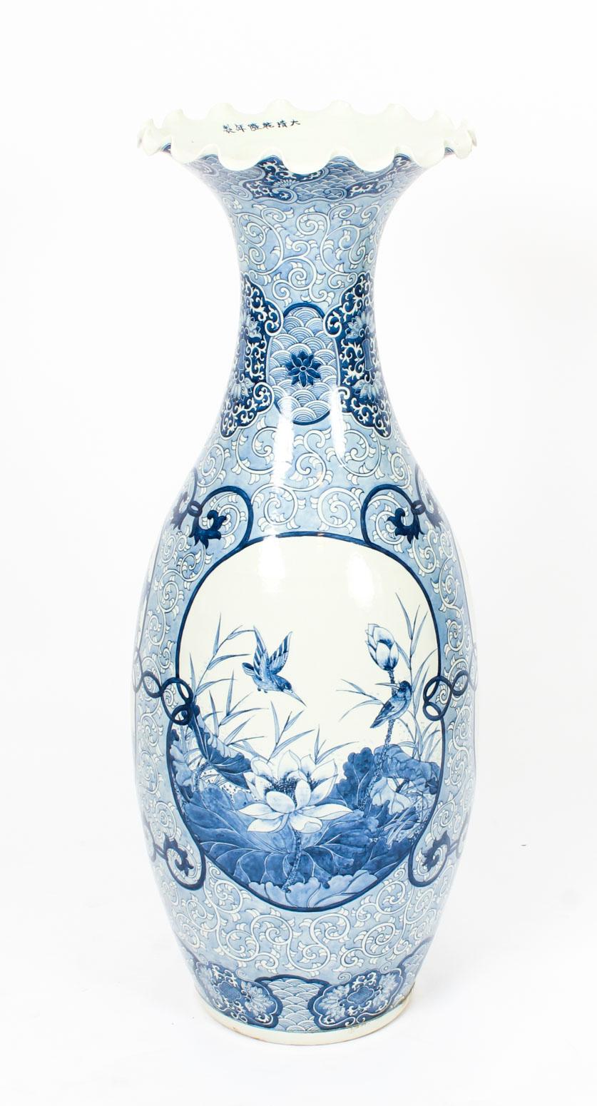 Late 19th Century Antique Pair of Japanese Meiiji Imari Blue & White Arita Porcelain Temple Vases